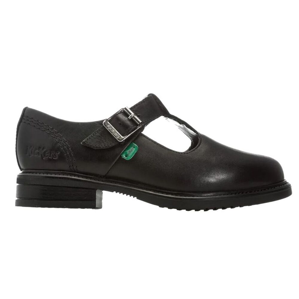 Kickers Girls Lach Leather T-Bar Low Block Heel School Shoes / Black